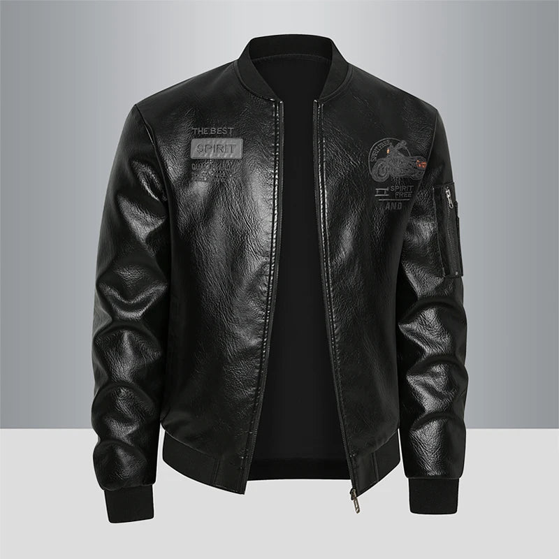 Men's Genuine Leather Jaet Baseball Collar Fce Lined Loose Casual Sli Motorcycle Jaet Embroidered Biker Coat