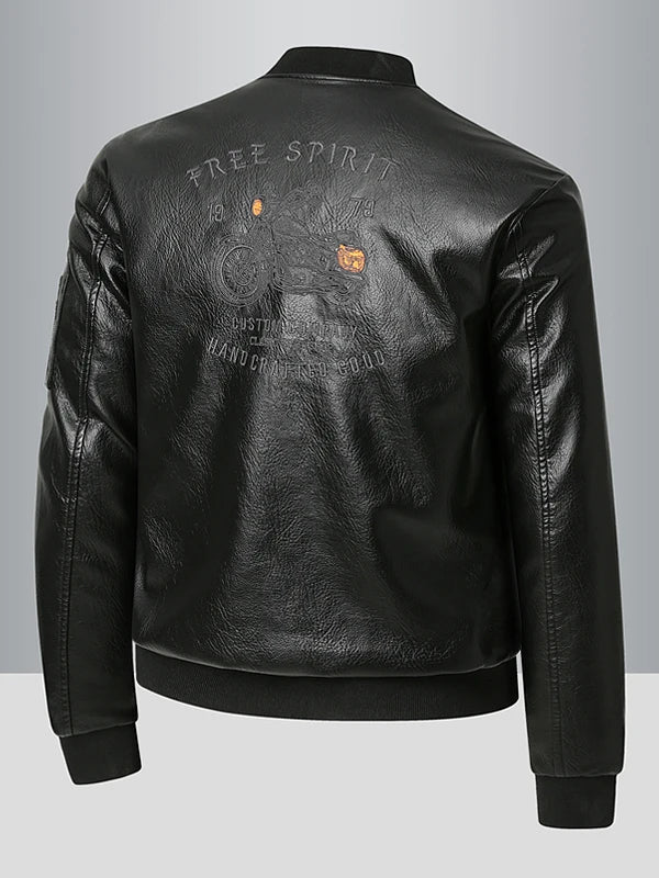 Men's Genuine Leather Jaet Baseball Collar Fce Lined Loose Casual Sli Motorcycle Jaet Embroidered Biker Coat