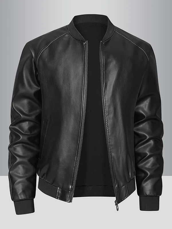 Haining Genuine Leather Jaet Men's Stand Collar Fce Lined Thiened Slim Fit Casual Trendy Motorcycle Jaet Coat