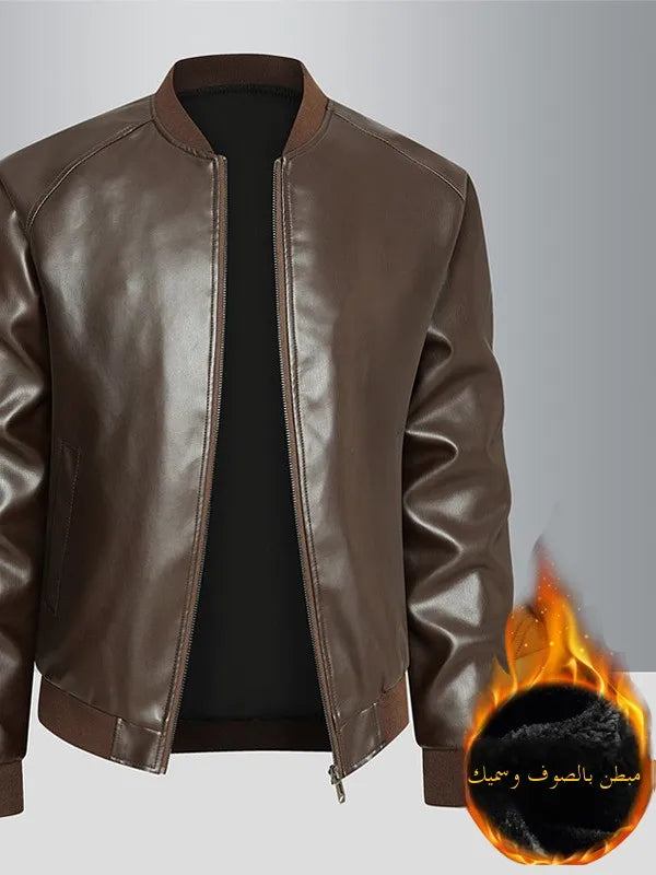 Haining Genuine Leather Jaet Men's Stand Collar Fce Lined Thiened Slim Fit Casual Trendy Motorcycle Jaet Coat