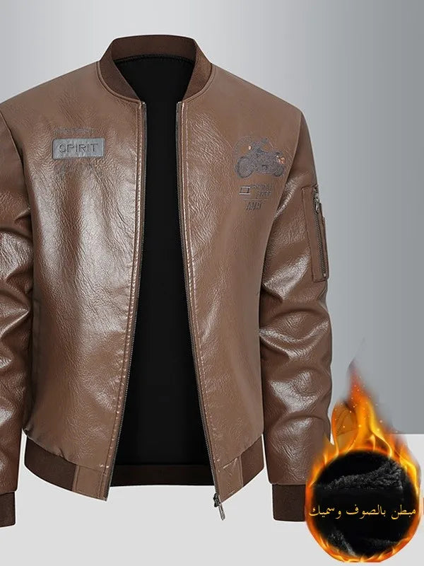 Men's Genuine Leather Jaet Baseball Collar Fce Lined Loose Casual Sli Motorcycle Jaet Embroidered Biker Coat