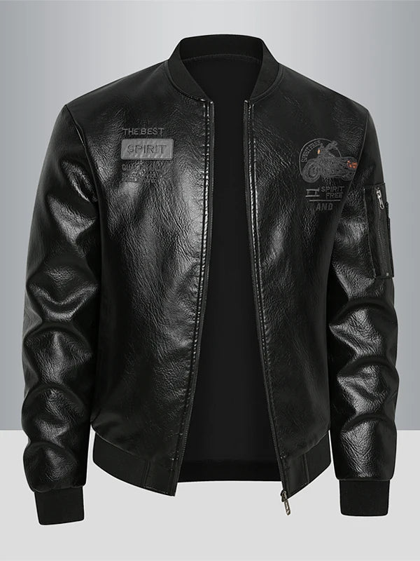 Men's Genuine Leather Jaet Baseball Collar Fce Lined Loose Casual Sli Motorcycle Jaet Embroidered Biker Coat
