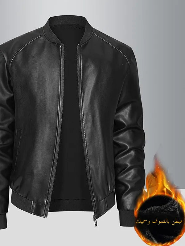 Haining Genuine Leather Jaet Men's Stand Collar Fce Lined Thiened Slim Fit Casual Trendy Motorcycle Jaet Coat