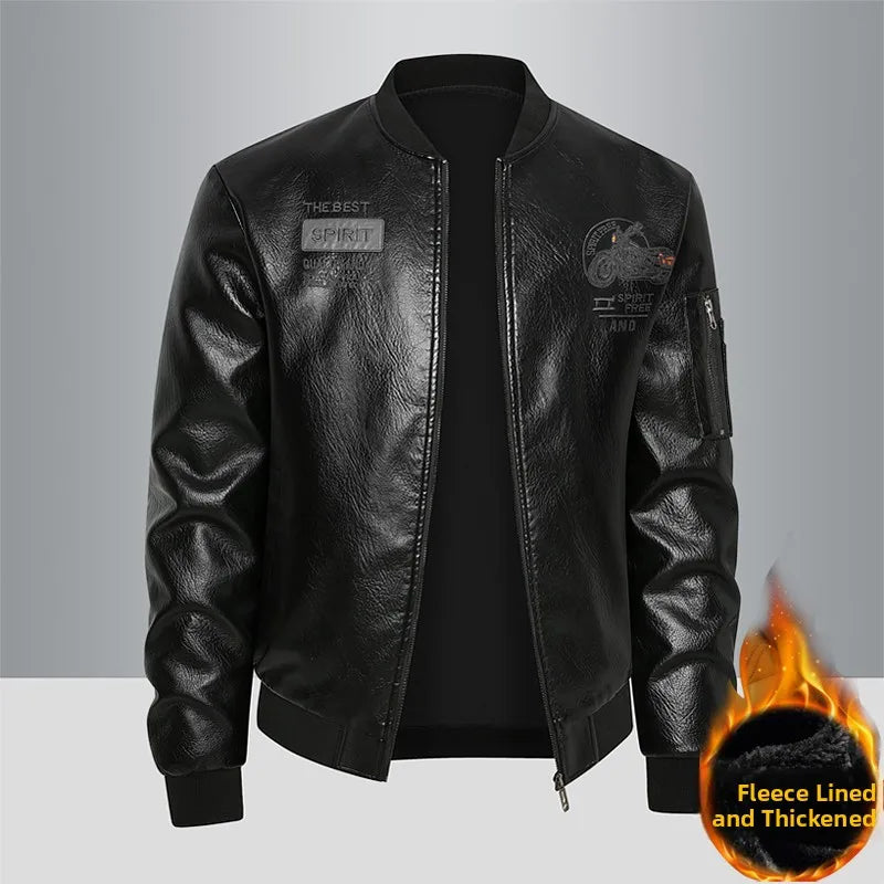 Men's Genuine Leather Jaet Baseball Collar Fce Lined Loose Casual Sli Motorcycle Jaet Embroidered Biker Coat