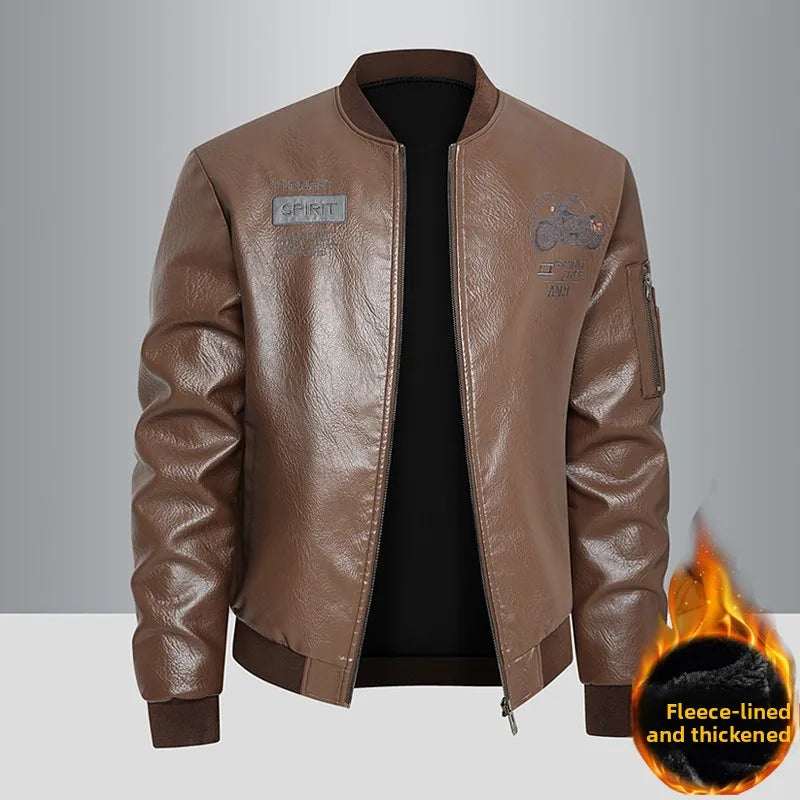 Men's Genuine Leather Jaet Baseball Collar Fce Lined Loose Casual Sli Motorcycle Jaet Embroidered Biker Coat