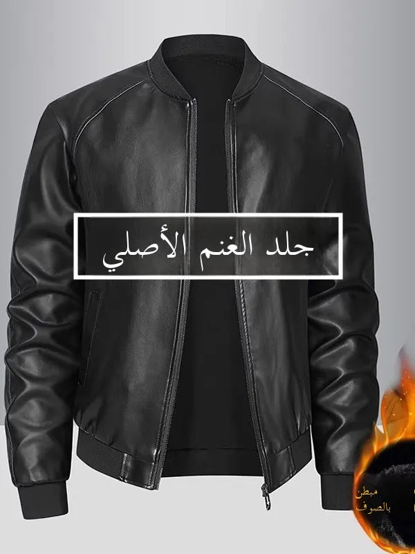 Haining Genuine Leather Jaet Men's Stand Collar Fce Lined Thiened Slim Fit Casual Trendy Motorcycle Jaet Coat