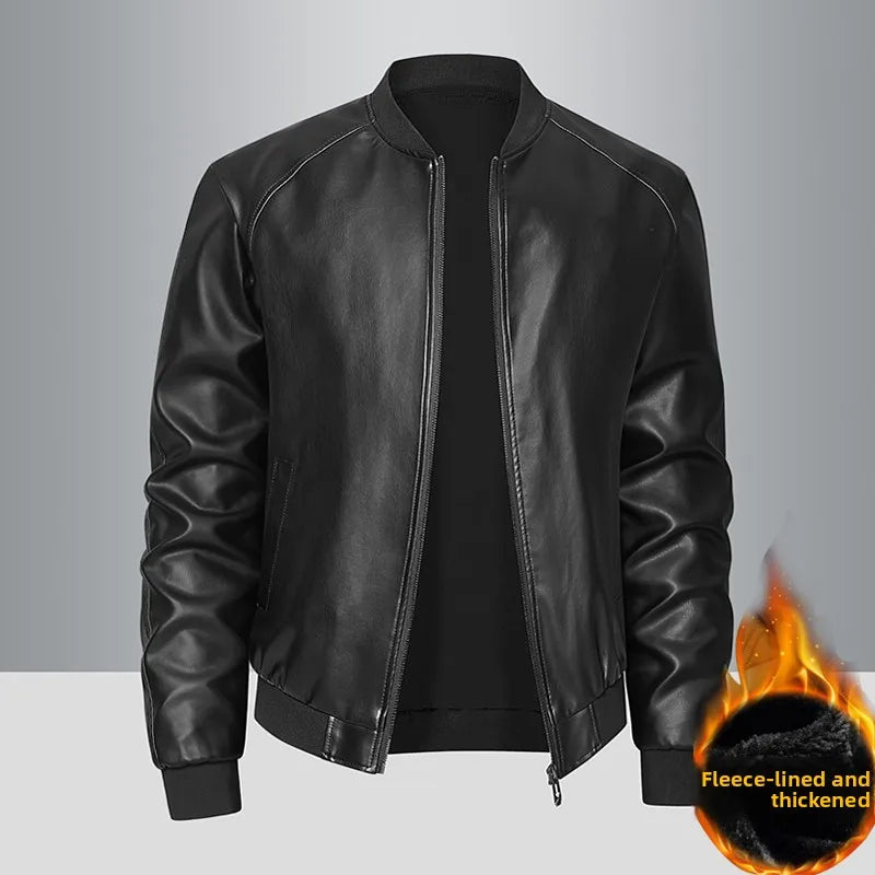 Haining Genuine Leather Jaet Men's Stand Collar Fce Lined Thiened Slim Fit Casual Trendy Motorcycle Jaet Coat