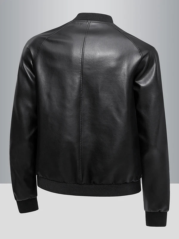 Haining Genuine Leather Jaet Men's Stand Collar Fce Lined Thiened Slim Fit Casual Trendy Motorcycle Jaet Coat