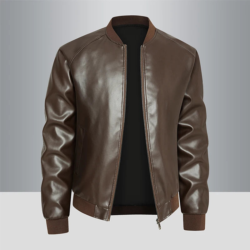 Haining Genuine Leather Jaet Men's Stand Collar Fce Lined Thiened Slim Fit Casual Trendy Motorcycle Jaet Coat