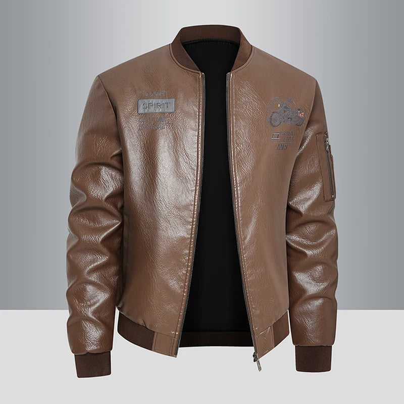 Men's Genuine Leather Jaet Baseball Collar Fce Lined Loose Casual Sli Motorcycle Jaet Embroidered Biker Coat