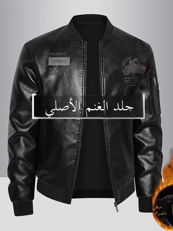 Men's Genuine Leather Jaet Baseball Collar Fce Lined Loose Casual Sli Motorcycle Jaet Embroidered Biker Coat