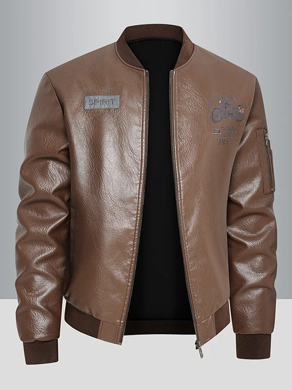 Men's Genuine Leather Jaet Baseball Collar Fce Lined Loose Casual Sli Motorcycle Jaet Embroidered Biker Coat